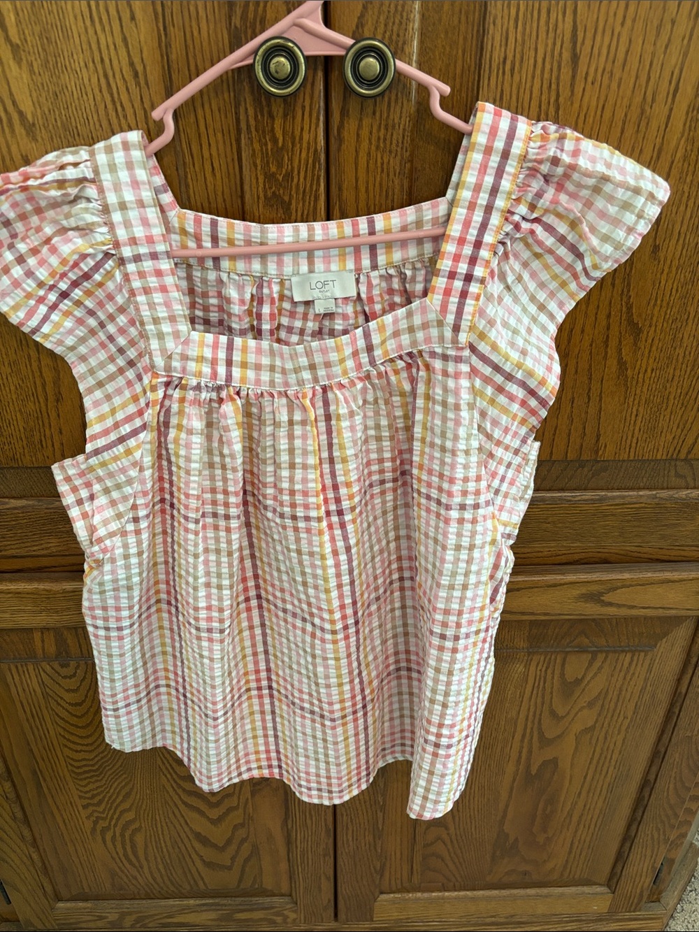 LOFT Pink and White Gingham Square-Neck Top